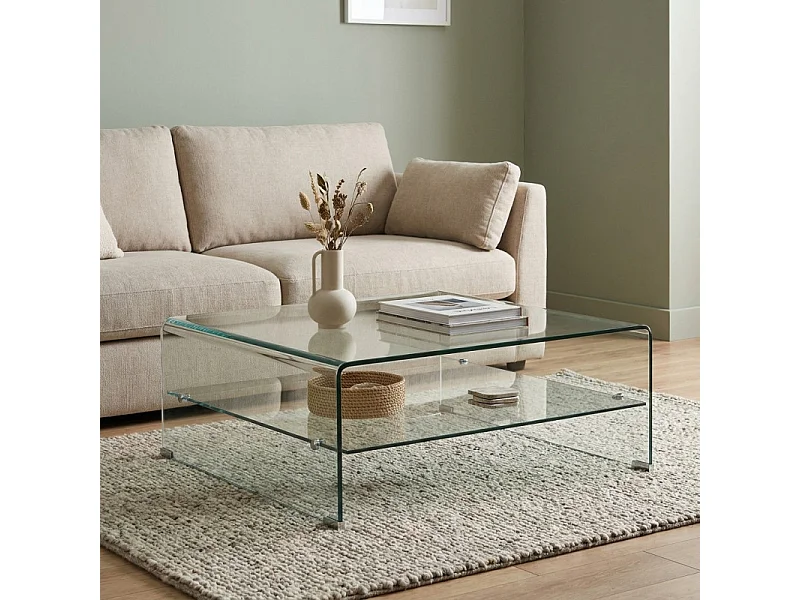 Table basse carrée 100 cm en verre trempé avec étagère vitrée - ICE