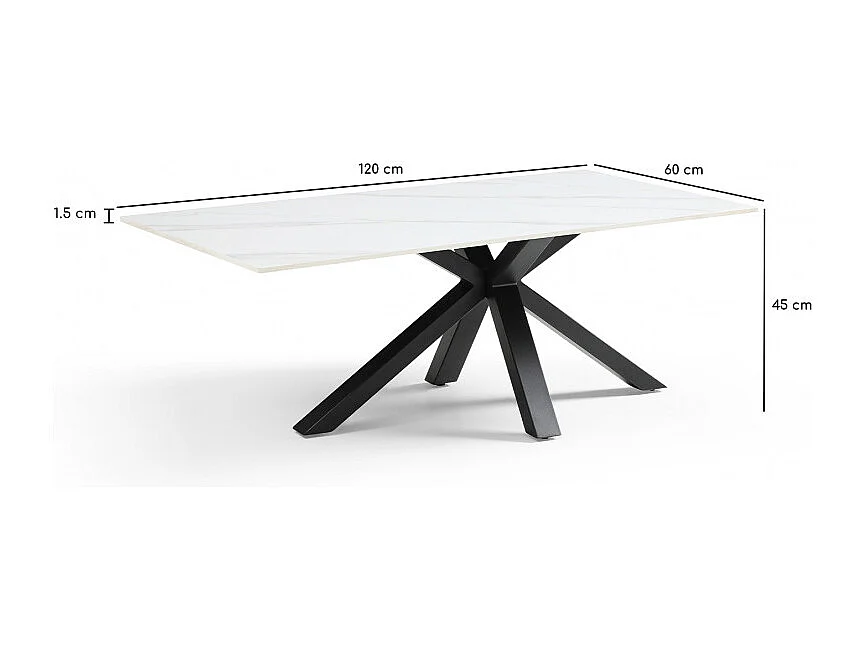Table basse 120x60 cm céramique blanc marbré pied croix - NEVADA 04