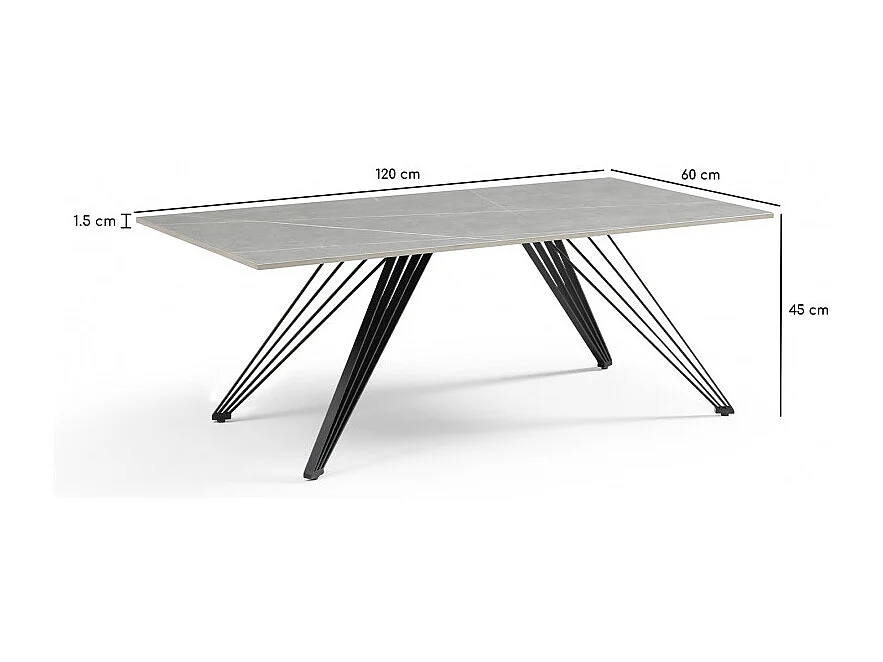Table basse 120x60 cm céramique gris marbré pieds filaires - ARIZONA 01