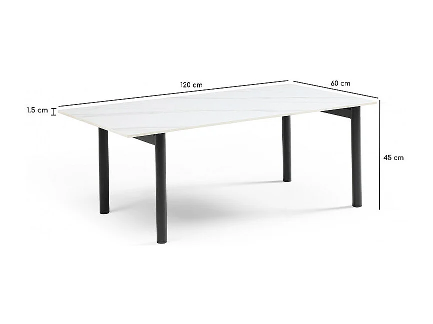 Table basse 120x60 cm céramique blanc marbré pieds droits - NEVADA 09