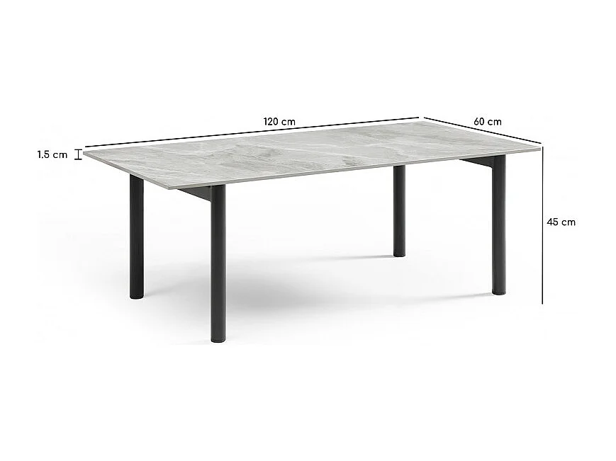 Table basse 120x60 cm céramique gris marbré laqué pieds droits - DAKOTA 09