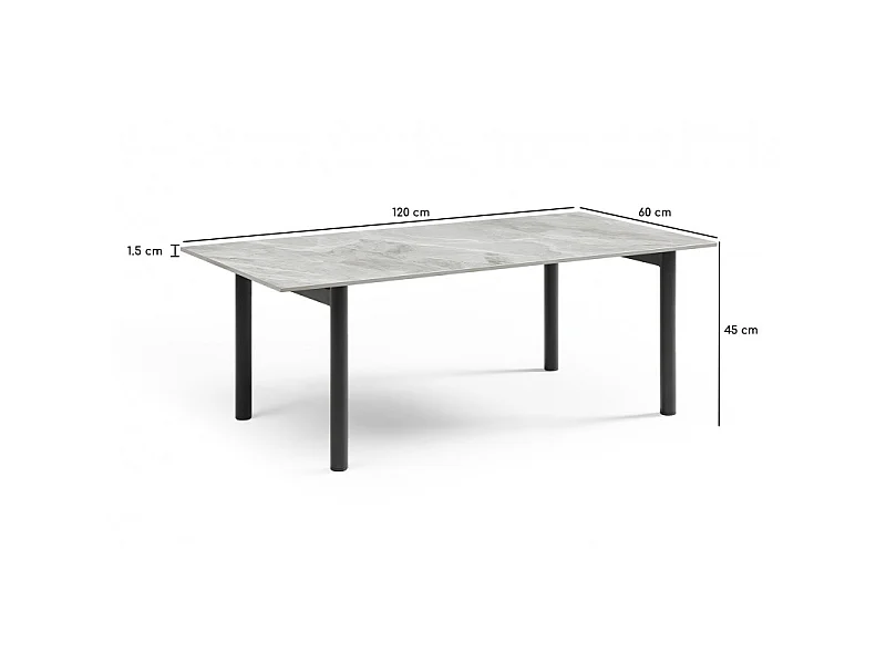 Table basse 120x60 cm céramique gris marbré laqué pieds droits - DAKOTA 09