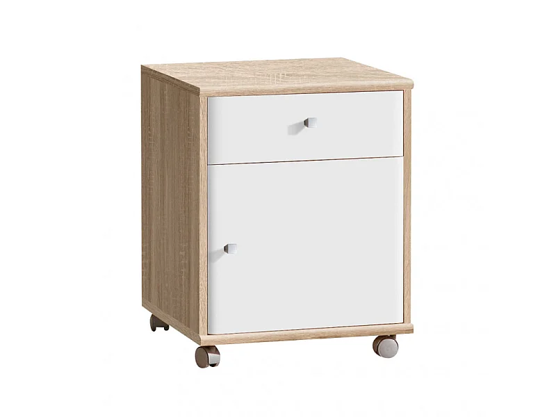 Caisson à roulettes blanc décor bois 1 tiroir et 1 placard - REVERSO