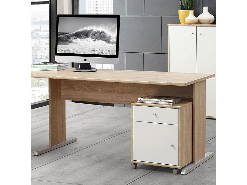 Caisson à roulettes blanc décor bois 1 tiroir et 1 placard - REVERSO