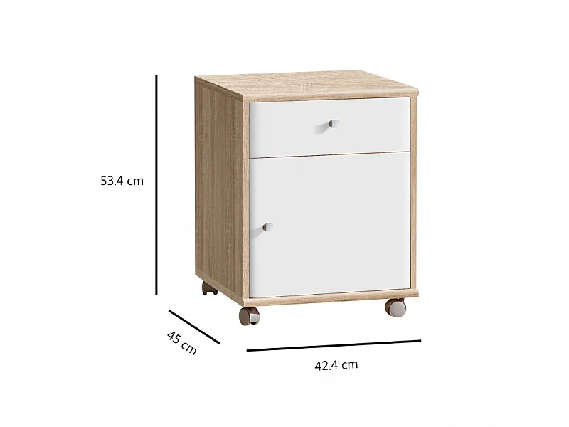 Caisson à roulettes blanc décor bois 1 tiroir et 1 placard - REVERSO