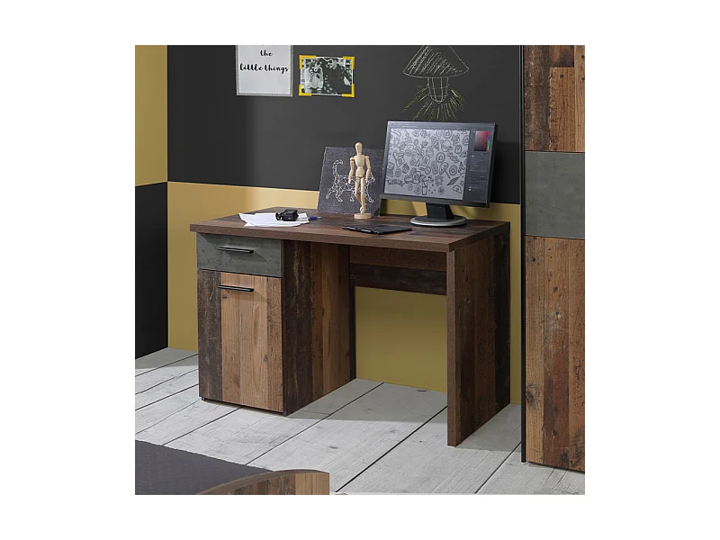 Bureau enfant 110 cm décor bois vintage et béton gris - BUCKY