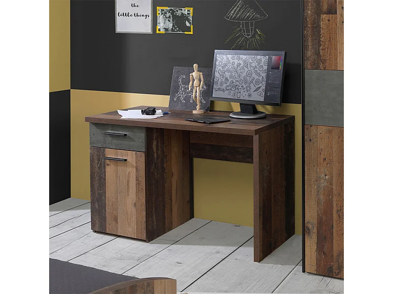 Bureau enfant 110 cm décor bois vintage et béton gris - BUCKY