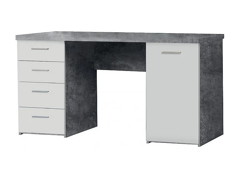 Bureau blanc avec 4 tiroirs et 1 porte décor béton gris - ALVIN