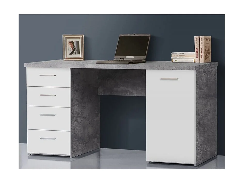 Bureau blanc avec 4 tiroirs et 1 porte décor béton gris - ALVIN