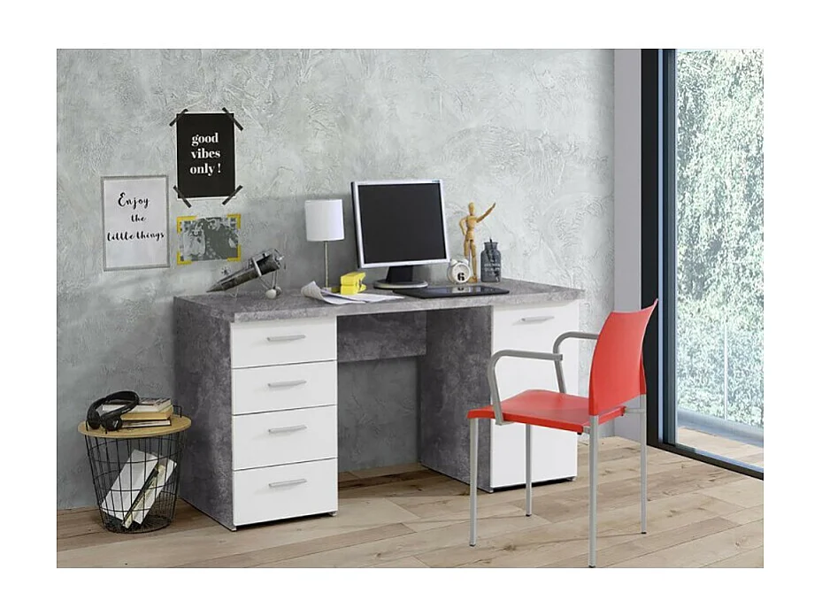 Bureau blanc avec 4 tiroirs et 1 porte décor béton gris - ALVIN
