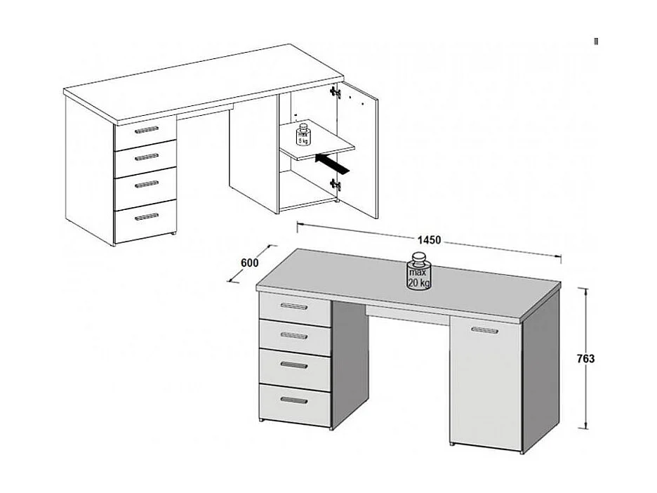 Bureau blanc avec 4 tiroirs et 1 porte décor béton gris - ALVIN