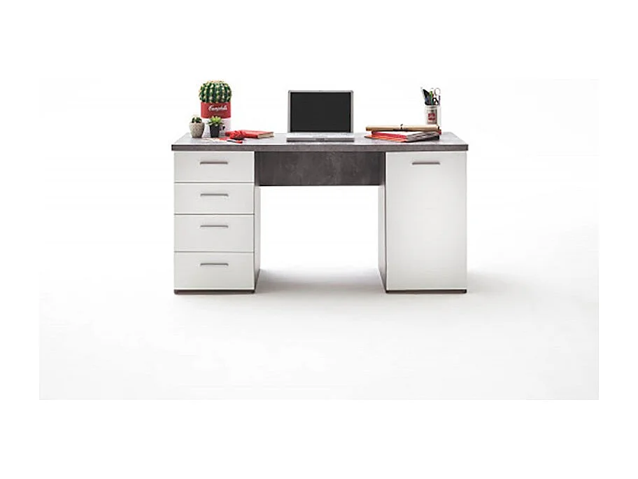Bureau blanc avec 4 tiroirs et 1 porte décor béton gris - ALVIN