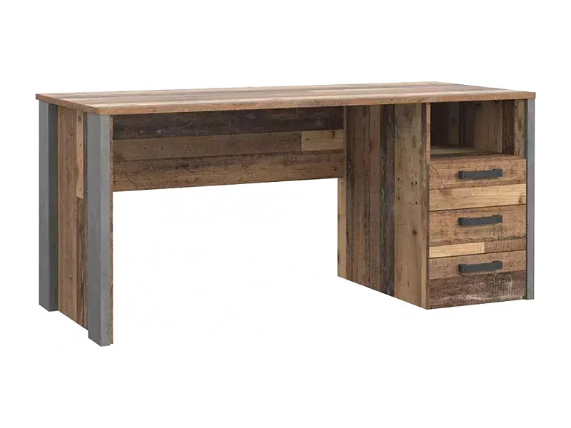Bureau droit 160 cm 3 tiroirs décor bois vieilli et béton gris - BUCK