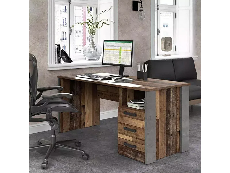 Bureau droit 160 cm 3 tiroirs décor bois vieilli et béton gris - BUCK