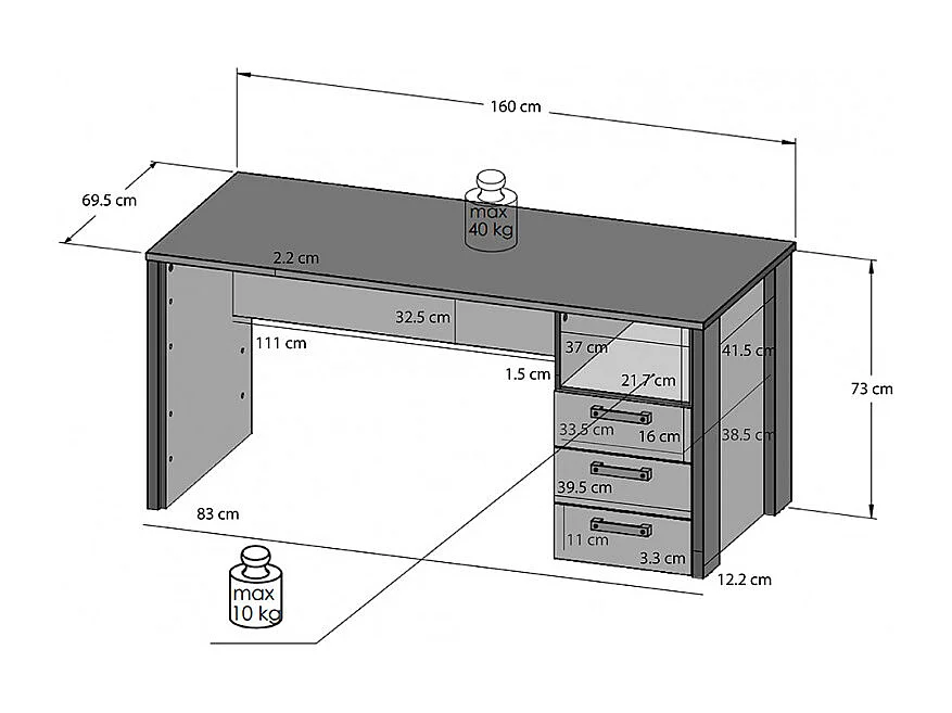 Bureau droit 160 cm 3 tiroirs décor bois vieilli et béton gris - BUCK