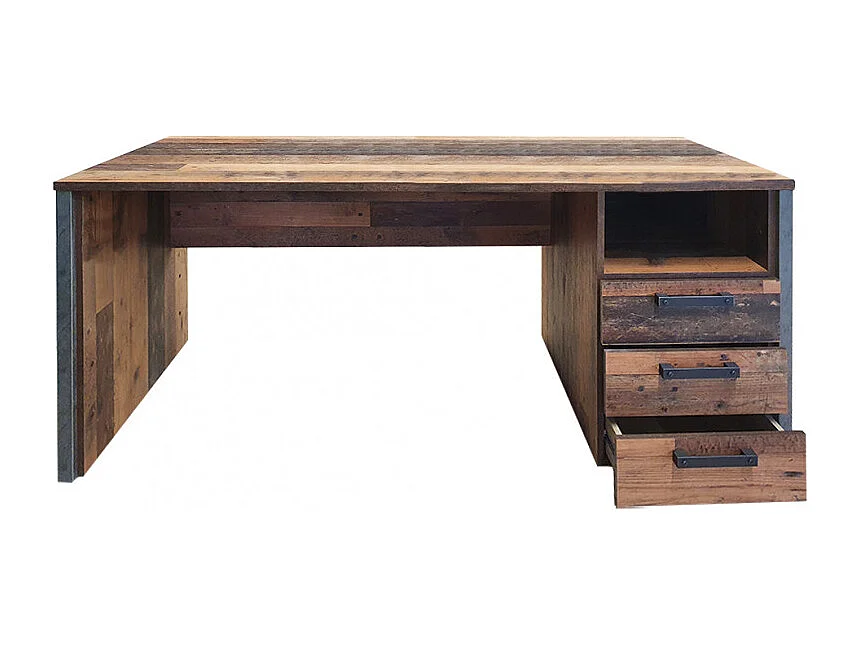 Bureau droit 160 cm 3 tiroirs décor bois vieilli et béton gris - BUCK