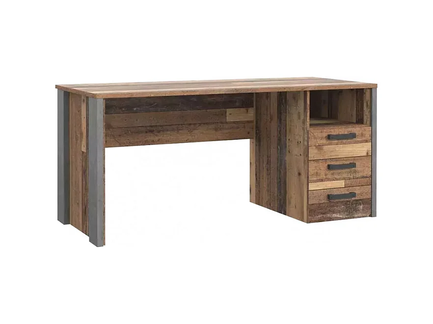 Bureau droit 160 cm 3 tiroirs décor bois vieilli et béton gris - BUCK