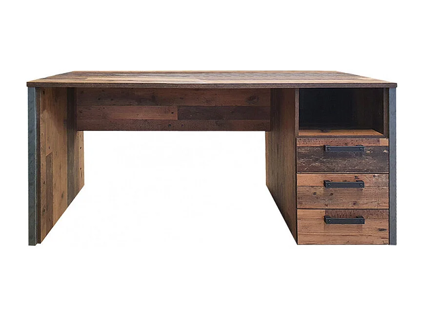Bureau droit 160 cm 3 tiroirs décor bois vieilli et béton gris - BUCK