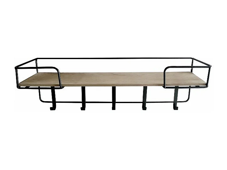 Étagère murale 60 cm plateau décor bois 5 patères métal - CINCO