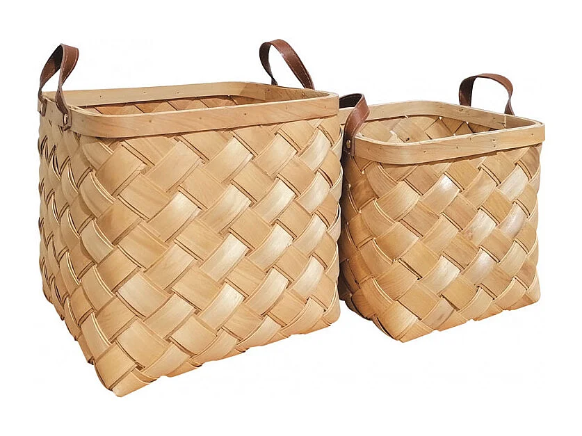 Lot de 2 paniers tressés bois clair et poignées simili - TRESSY 3697