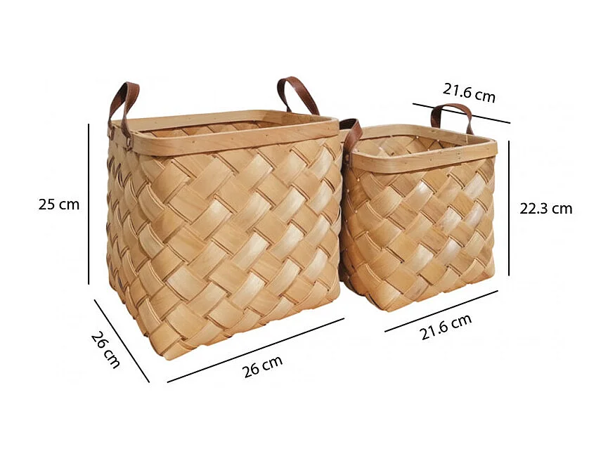 Lot de 2 paniers tressés bois clair et poignées simili - TRESSY 3697