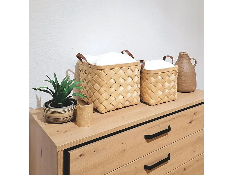 Lot de 2 paniers tressés bois clair et poignées simili - TRESSY 3697