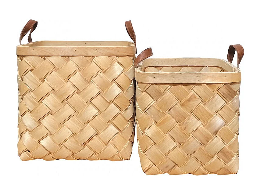 Lot de 2 paniers tressés bois clair et poignées simili - TRESSY 3697