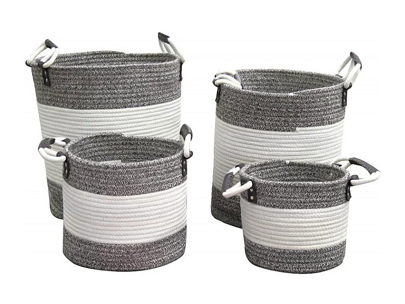 Lot de 4 paniers rond en corde de coton marron et blanc - COTON