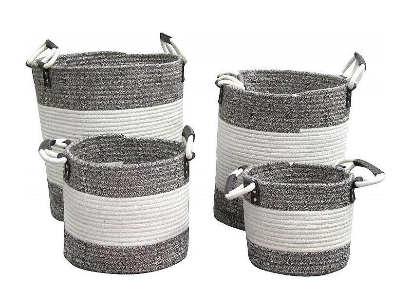 Lot de 4 paniers rond en corde de coton marron et blanc - COTON