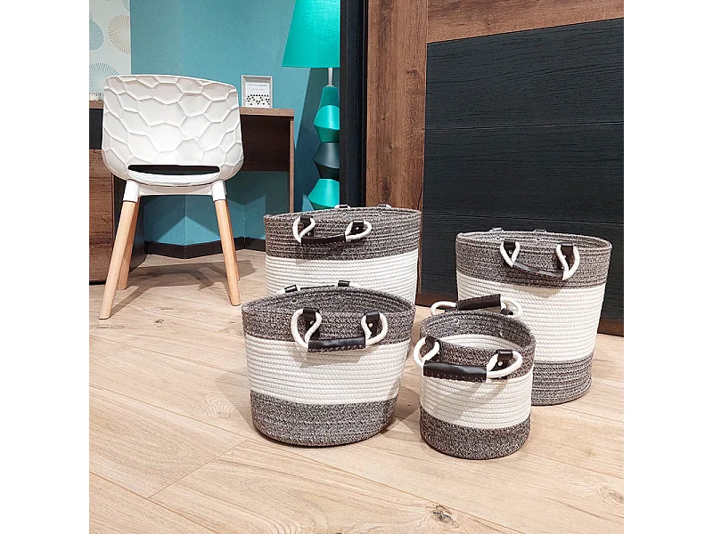 Lot de 4 paniers rond en corde de coton marron et blanc - COTON