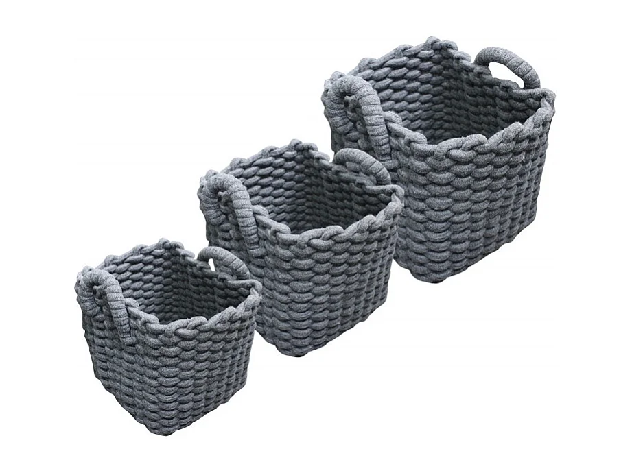 Set 3 paniers carrés en corde de coton tressée gris avec anses - LOV