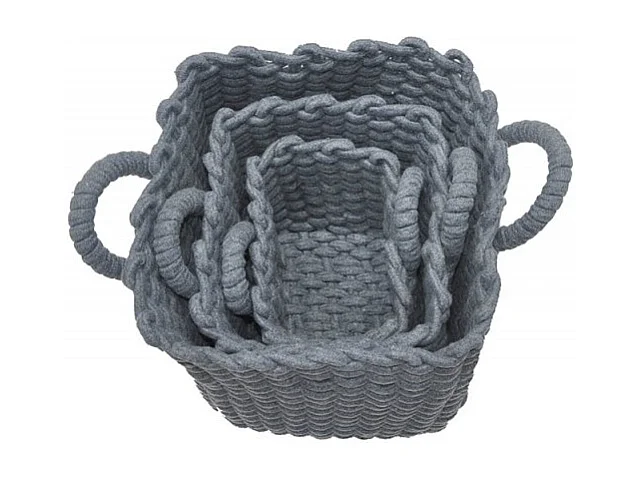 Set 3 paniers carrés en corde de coton tressée gris avec anses - LOV
