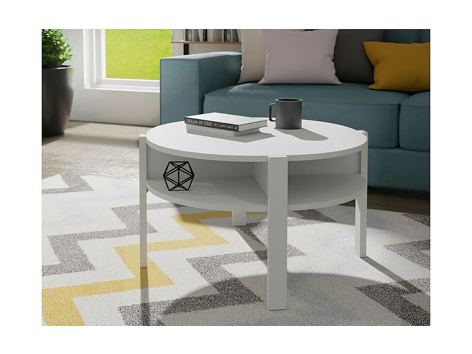 Table d'appoint ronde D. 74 cm blanc avec 4 niches rangements - ROZALY