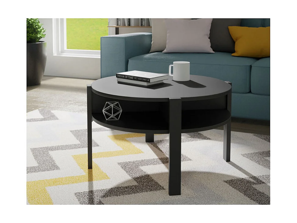 Table d'appoint ronde D. 74 cm noir avec 4 niches rangements - ROZALY