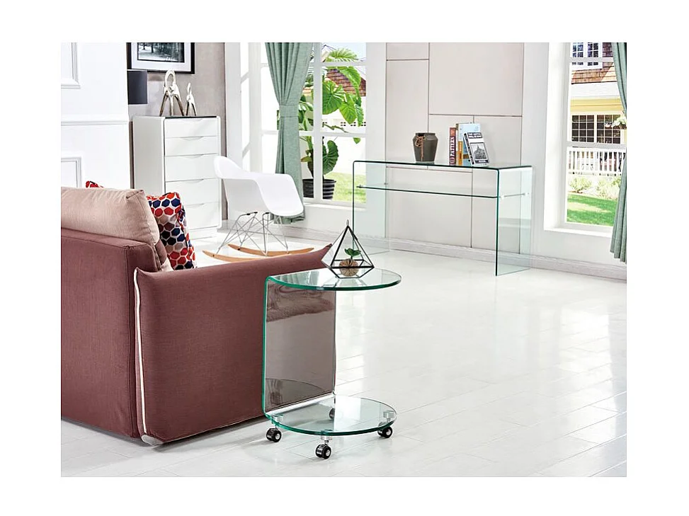 Bout de canapé H. 57 cm rond en verre trempé avec 4 roulettes - ICE