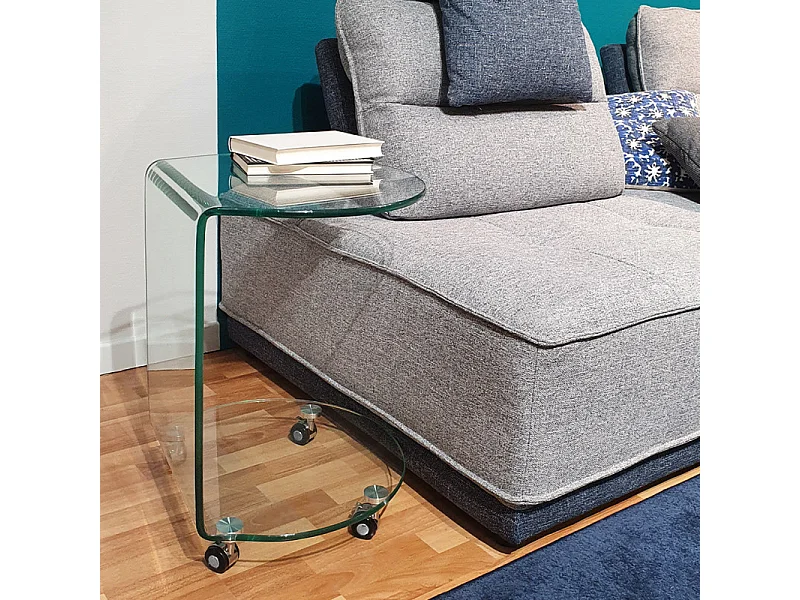 Bout de canapé H. 57 cm rond en verre trempé avec 4 roulettes - ICE