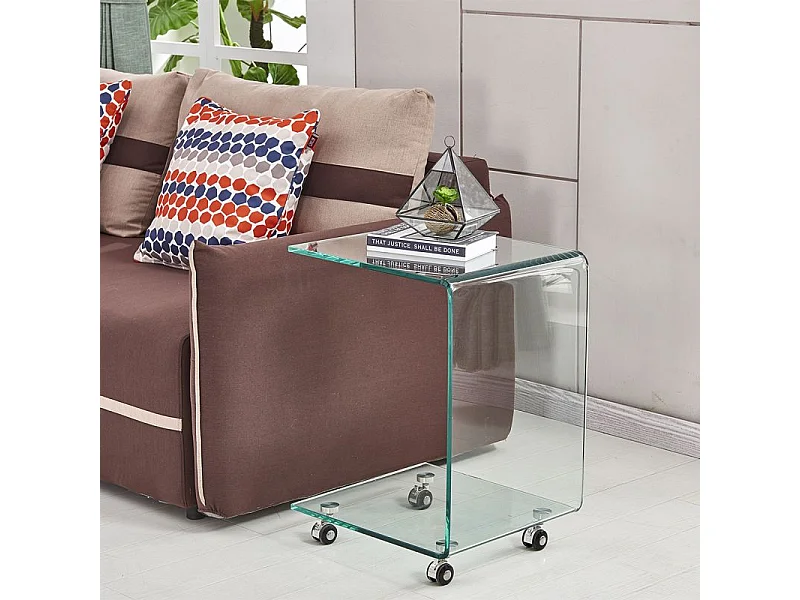 Bout de canapé carré H. 62 cm en verre trempé avec 4 roulettes - ICE