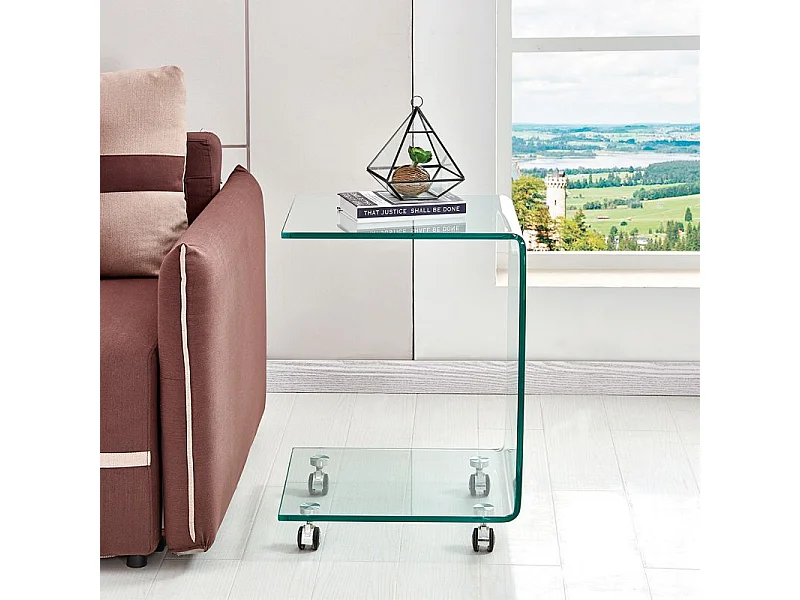 Bout de canapé carré H. 62 cm en verre trempé avec 4 roulettes - ICE