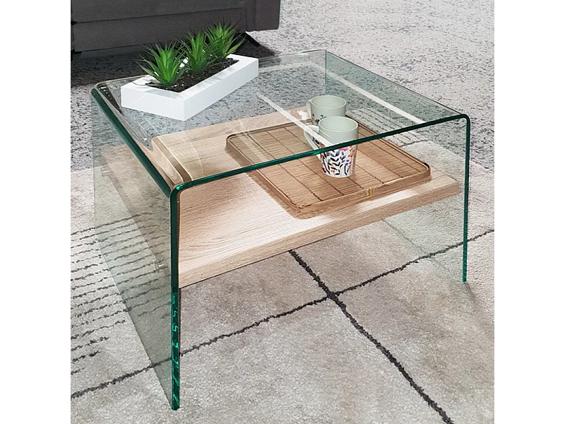 Table d'appoint H. 48 cm en verre trempé et étagère décor chêne - ICE