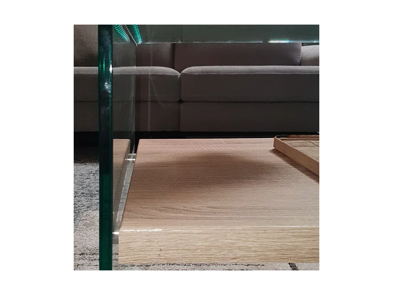 Table d'appoint H. 48 cm en verre trempé et étagère décor chêne - ICE