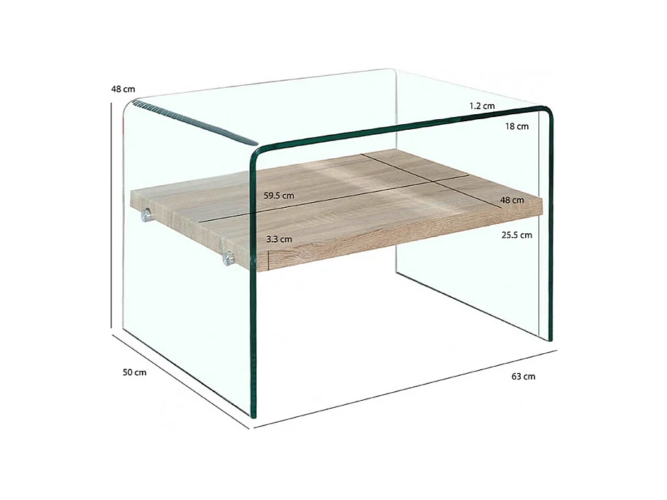 Table d'appoint H. 48 cm en verre trempé et étagère décor chêne - ICE