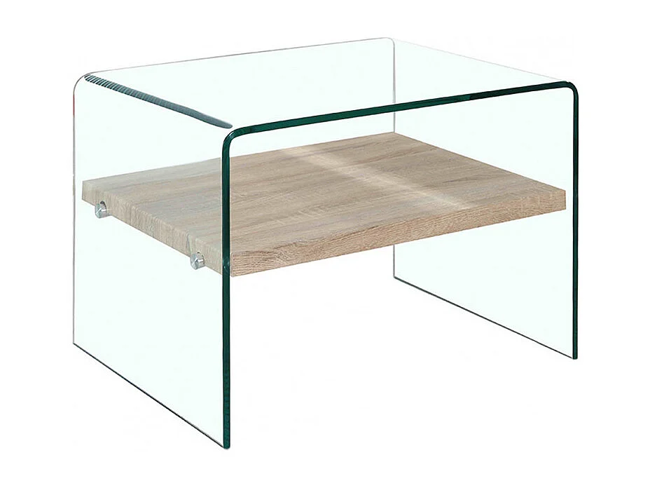 Table d'appoint H. 48 cm en verre trempé et étagère décor chêne - ICE