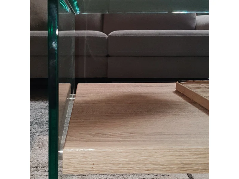 Table d'appoint H. 48 cm en verre trempé et étagère décor chêne - ICE