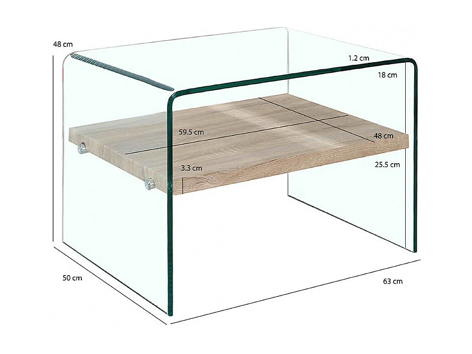 Table d'appoint H. 48 cm en verre trempé et étagère décor chêne - ICE