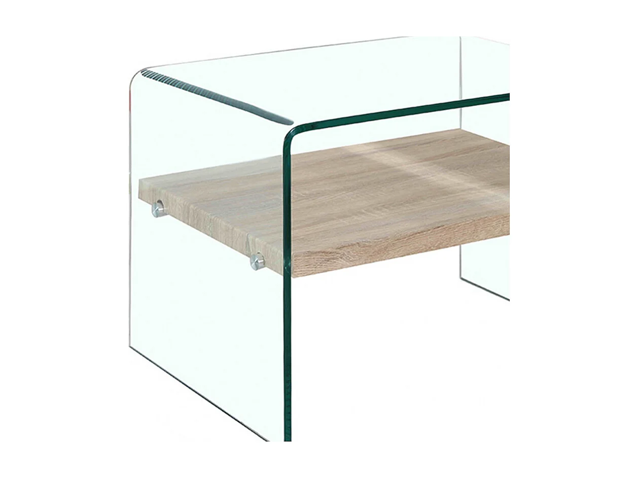 Table d'appoint H. 48 cm en verre trempé et étagère décor chêne - ICE