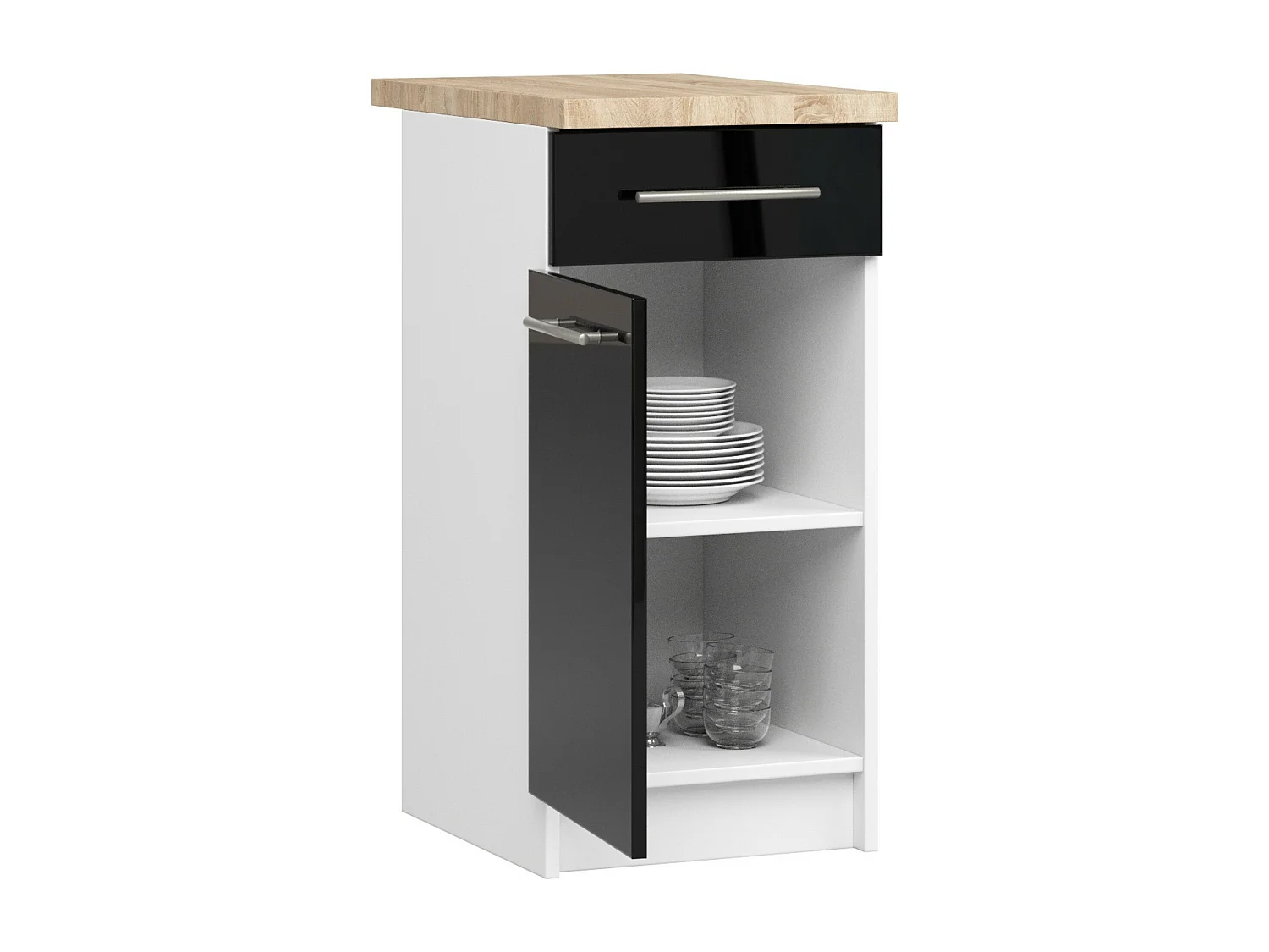 OLIWIA Keukenkast S40 Met Blad - Wit/Zwart Hoogglans - 40cm Breed - 85cm Hoog - 1 Lade 1 Deur - Modern Design - Zelfmontage - Stevig Gelamineerd Materiaal