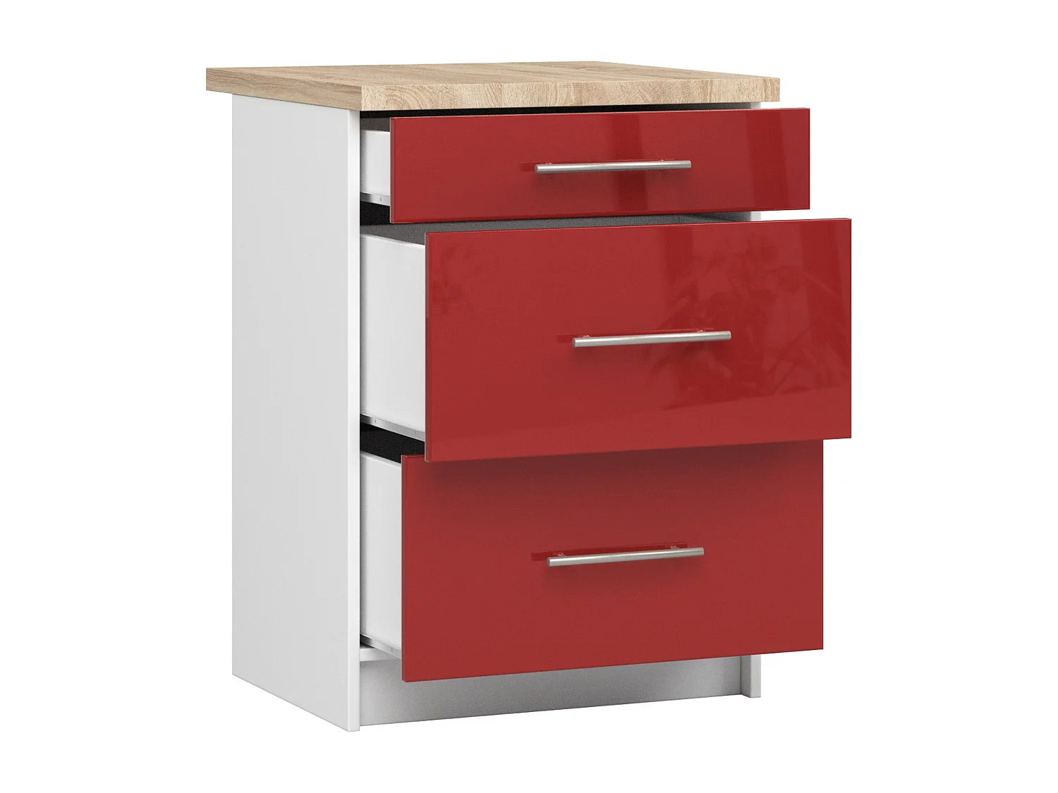 Meuble de cuisine bas AKORD S60 OLIWIA modulable Blanc 60 cm 3 tiroirs façade Rouge Brillante 60x46x85 cm