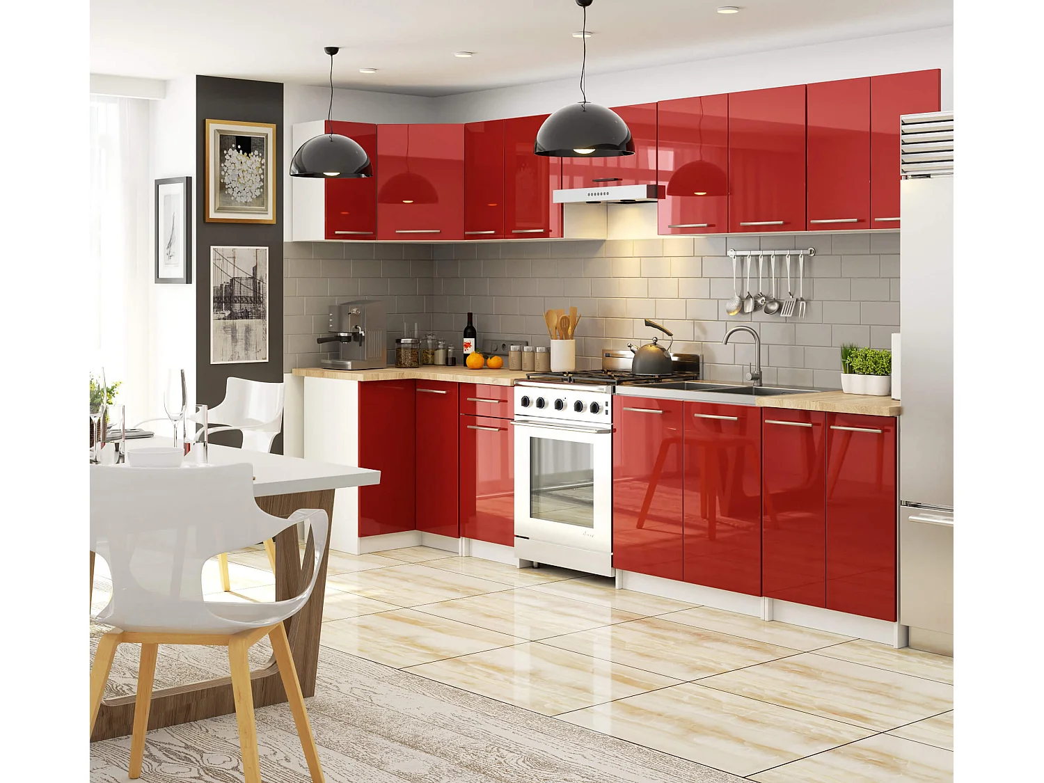 Meuble de cuisine bas AKORD S60 OLIWIA modulable Blanc 60 cm 3 tiroirs façade Rouge Brillante 60x46x85 cm