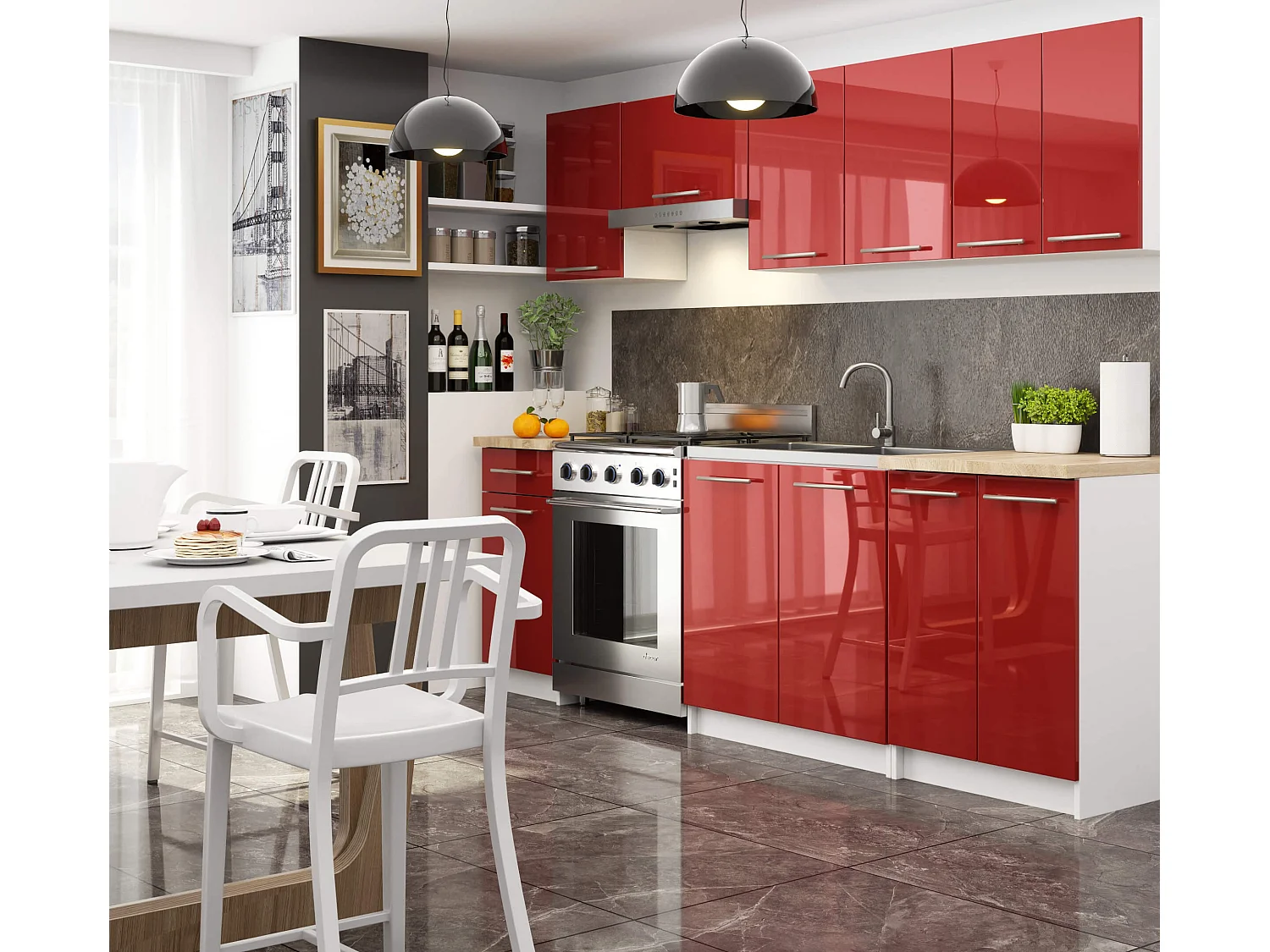 Meuble de cuisine bas AKORD S40 OLIWIA modulable Blanc 40 cm 4 tiroirs façade Rouge Brillante 40x46x85 cm