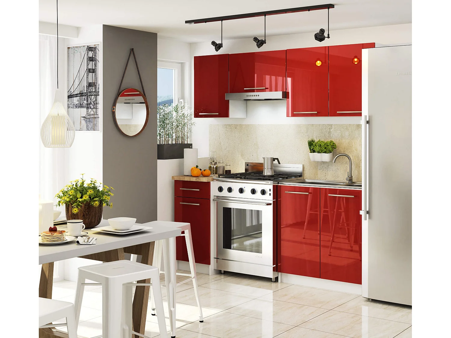 Meuble de cuisine bas AKORD S40 OLIWIA modulable Blanc 40 cm 4 tiroirs façade Rouge Brillante 40x46x85 cm